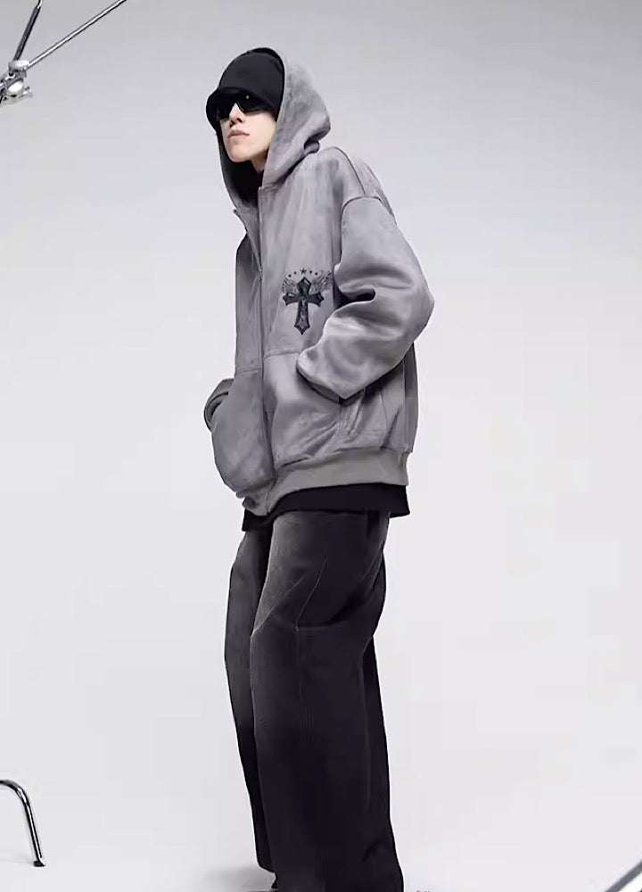 【0-croworld】Back crossover print design gray hoodie  CR0045