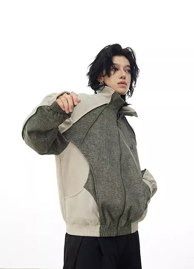 【0-CROWORLD】Double color design vintage style full zip sweater  CR0060