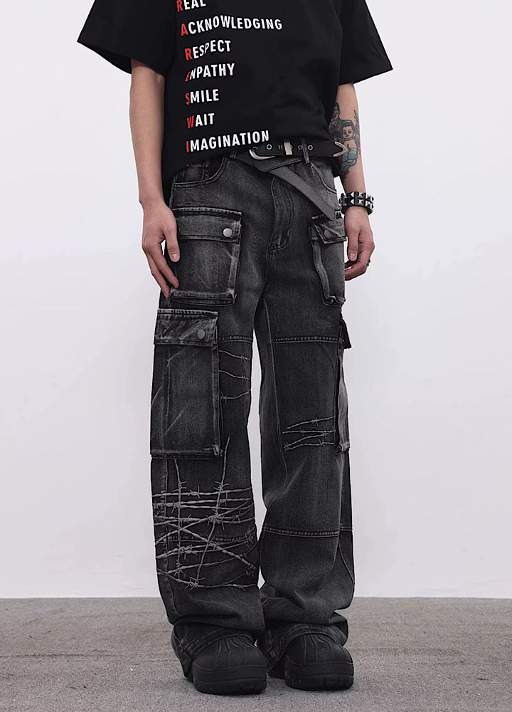 [BTSG] Multiple pocket gimmick design multi-street denim cargo pants BS0014