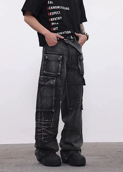 【BTSG】Multiple pocket gimmick design multi-street denim cargo pants  BS0014