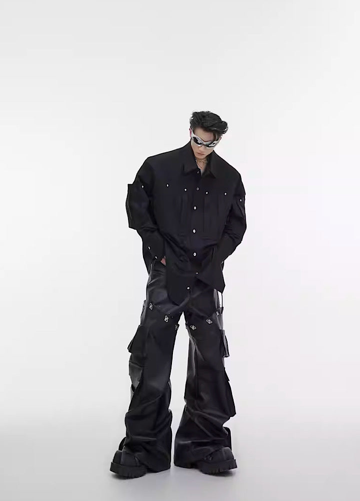 【Culture E】Catch wide leather silhouette overcargo pants  CE0074