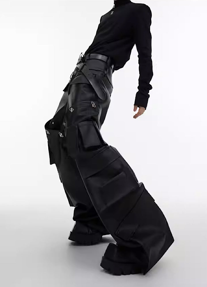【Culture E】Catch wide leather silhouette overcargo pants  CE0074