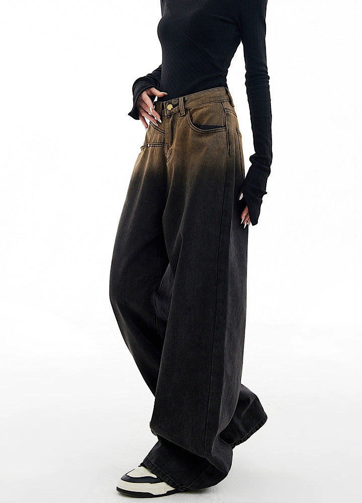[EDX] Vintage gradation color design wide denim pants EX0016