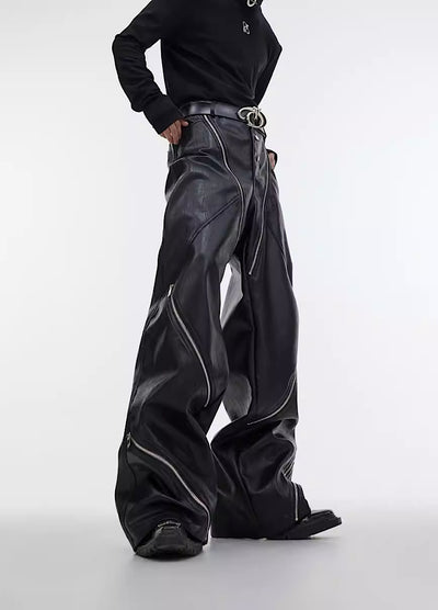 [Culture E] Full over zip gimmick design wide leather pants CE0077