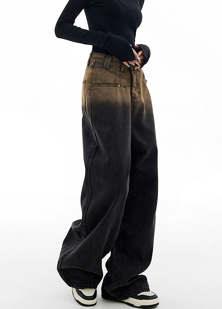 [EDX] Vintage gradation color design wide denim pants EX0016