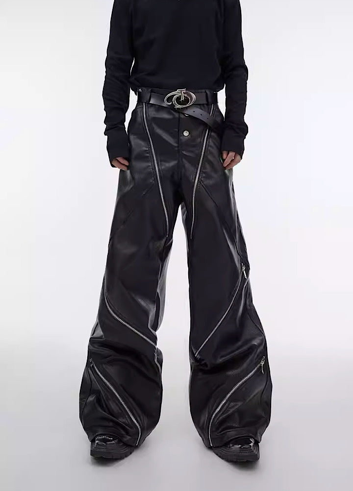 【Culture E】Full over zip gimmick design wide leather pants  CE0077