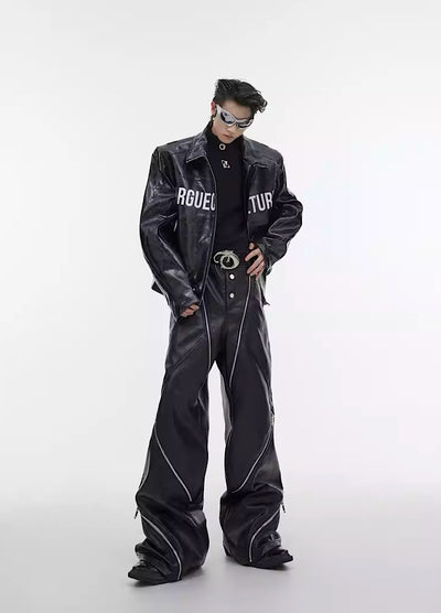 【Culture E】Full over zip gimmick design wide leather pants  CE0077