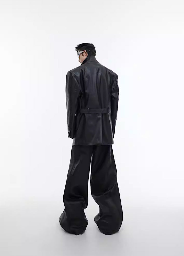 【Culture E】Sharp Lines Belt Design Leather Jacket  CE0078