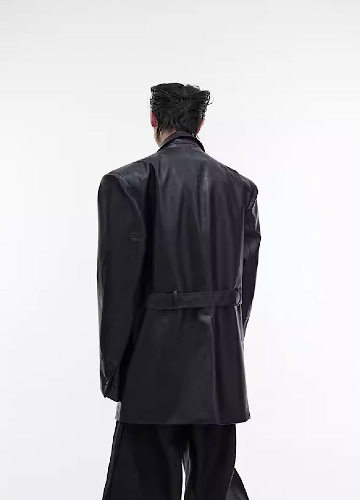 【Culture E】Sharp Lines Belt Design Leather Jacket  CE0078