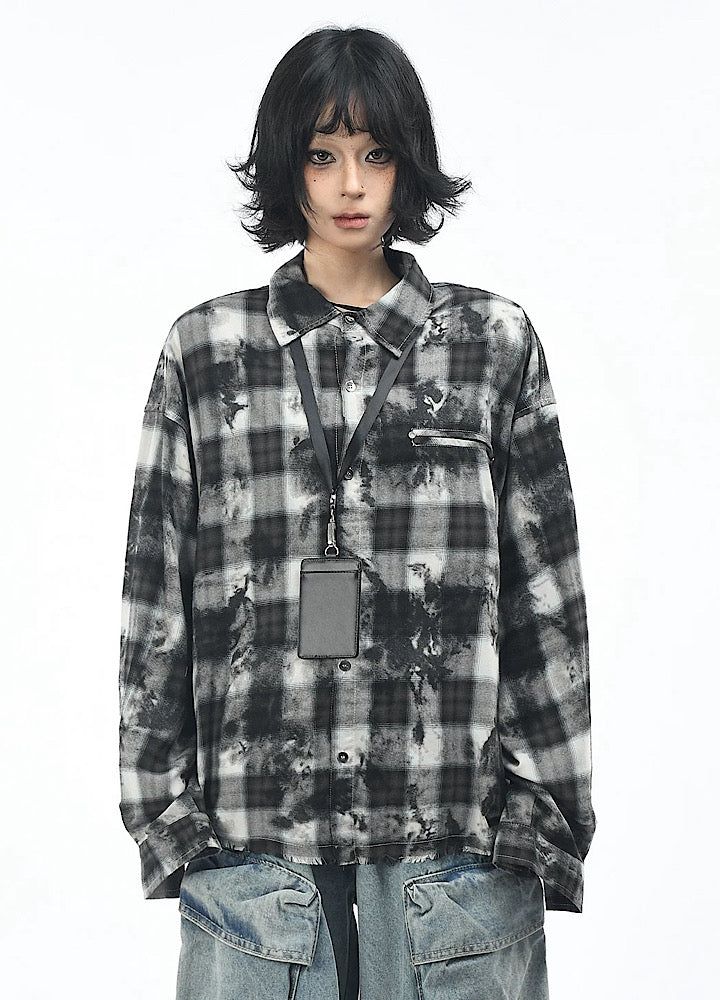 【OV】Monotone style check pattern distressed long sleeve shirt  OV0001