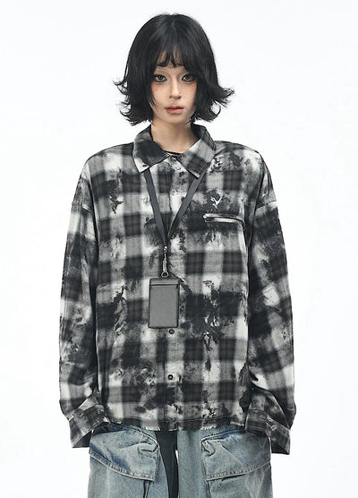 【OV】Monotone style check pattern distressed long sleeve shirt  OV0001