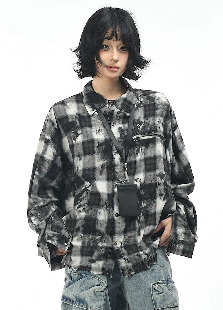【OV】Monotone style check pattern distressed long sleeve shirt  OV0001