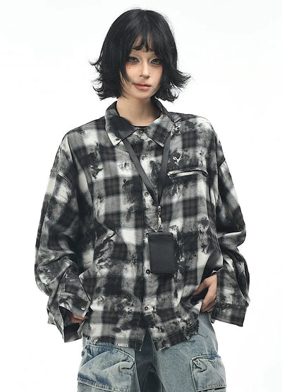 【OV】Monotone style check pattern distressed long sleeve shirt  OV0001