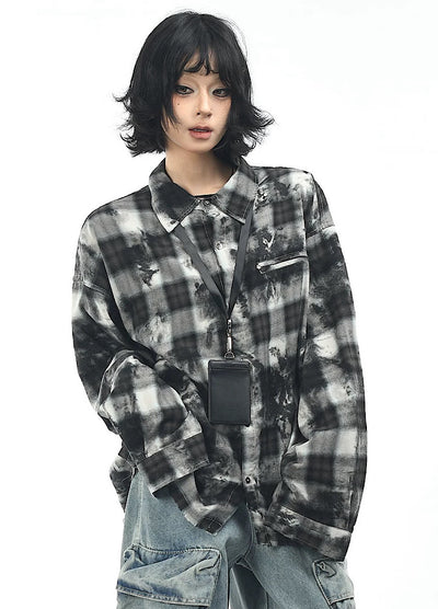 【OV】Monotone style check pattern distressed long sleeve shirt  OV0001