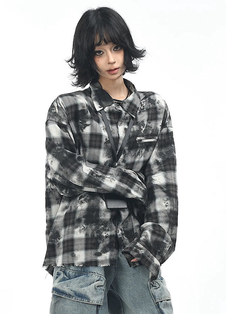 【OV】Monotone style check pattern distressed long sleeve shirt  OV0001