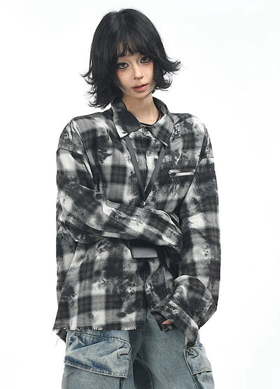 【OV】Monotone style check pattern distressed long sleeve shirt  OV0001