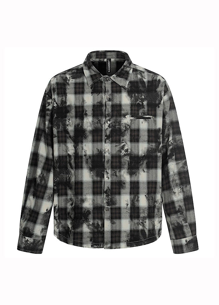 【OV】Monotone style check pattern distressed long sleeve shirt  OV0001