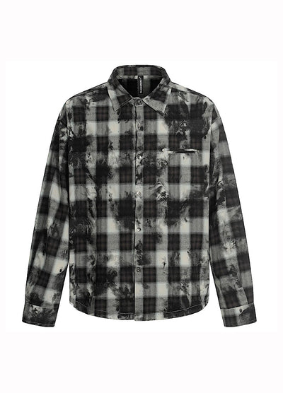 【OV】Monotone style check pattern distressed long sleeve shirt  OV0001