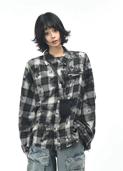 【OV】Monotone style check pattern distressed long sleeve shirt  OV0001