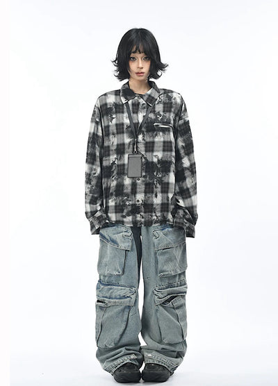 【OV】Monotone style check pattern distressed long sleeve shirt  OV0001