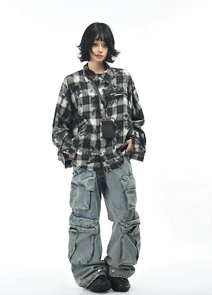 【OV】Monotone style check pattern distressed long sleeve shirt  OV0001