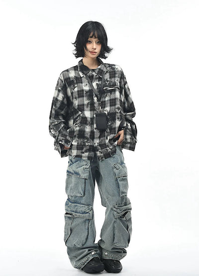 【OV】Monotone style check pattern distressed long sleeve shirt  OV0001
