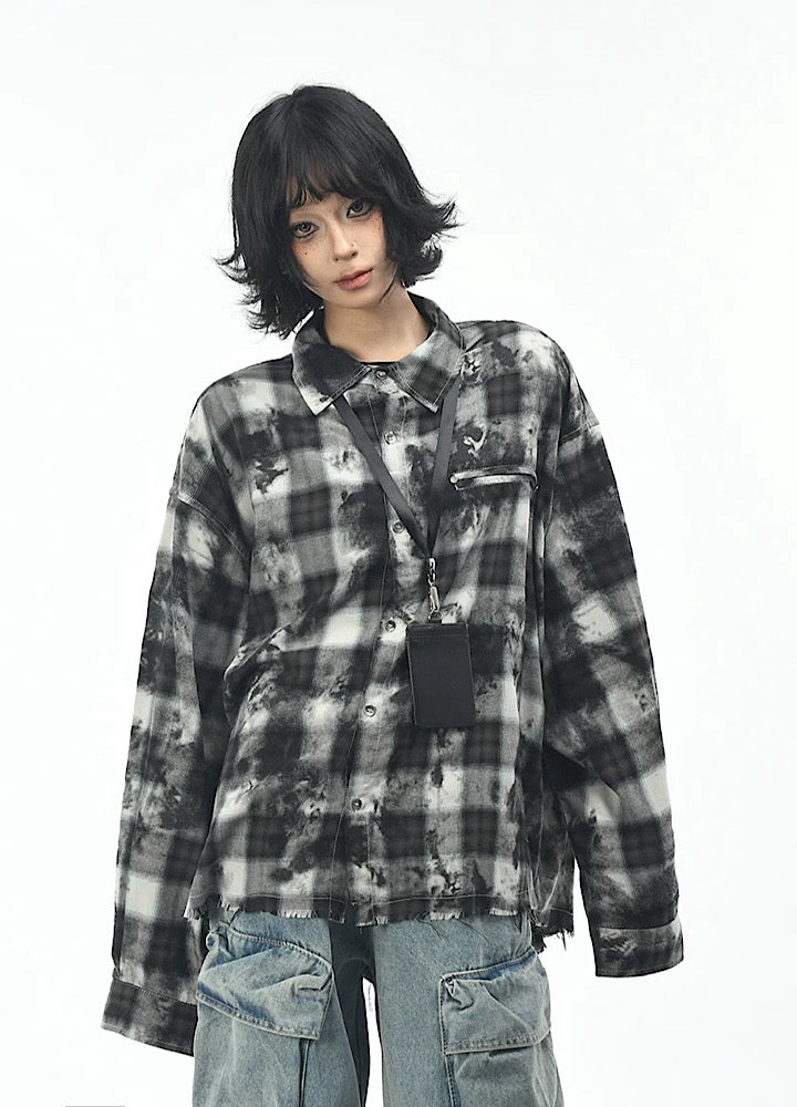 【OV】Monotone style check pattern distressed long sleeve shirt  OV0001