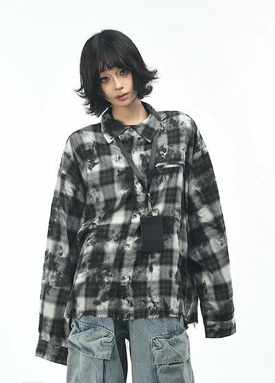 【OV】Monotone style check pattern distressed long sleeve shirt  OV0001