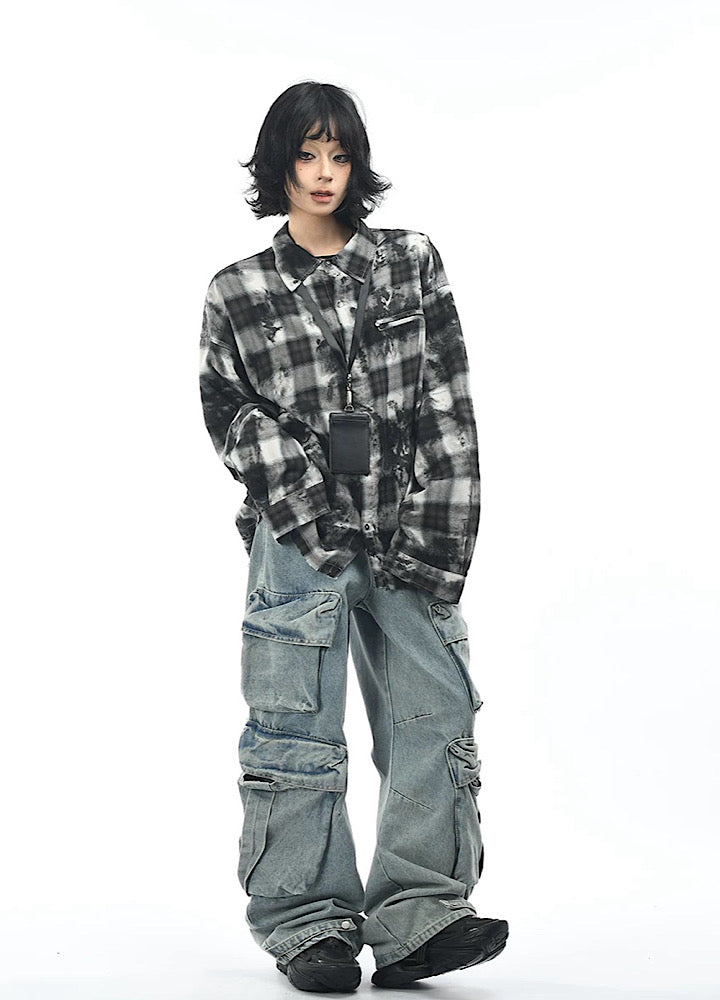 【OV】Monotone style check pattern distressed long sleeve shirt  OV0001
