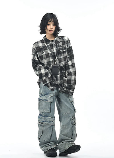 【OV】Monotone style check pattern distressed long sleeve shirt  OV0001