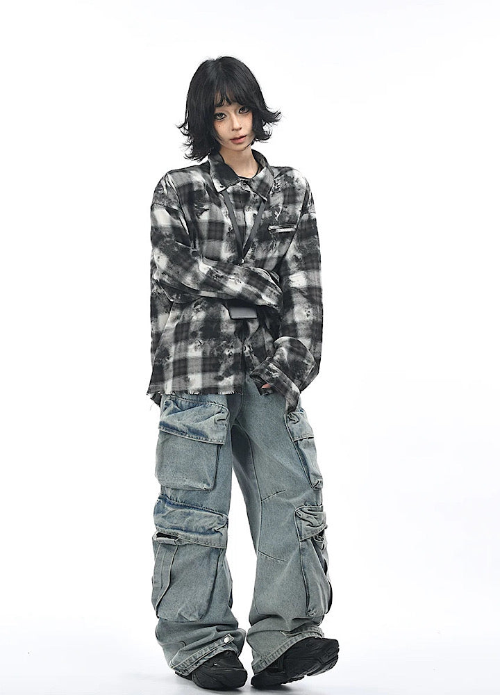 【OV】Monotone style check pattern distressed long sleeve shirt  OV0001