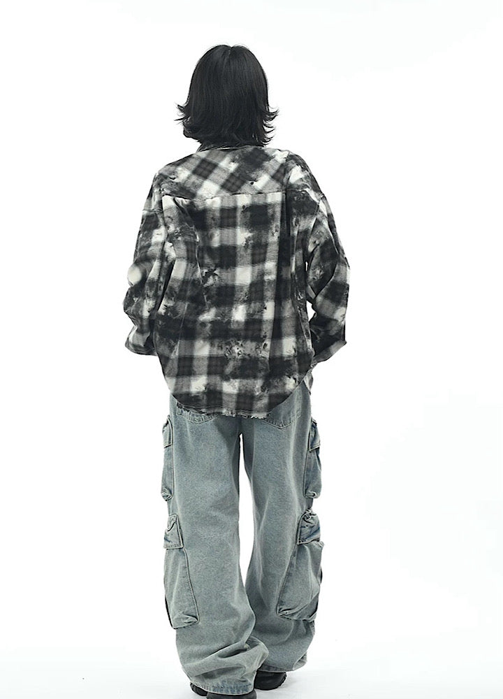 【OV】Monotone style check pattern distressed long sleeve shirt  OV0001