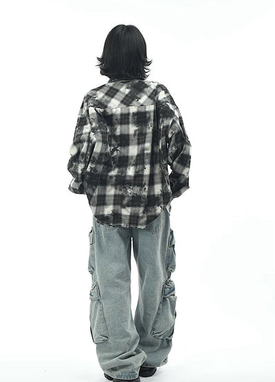 【OV】Monotone style check pattern distressed long sleeve shirt  OV0001