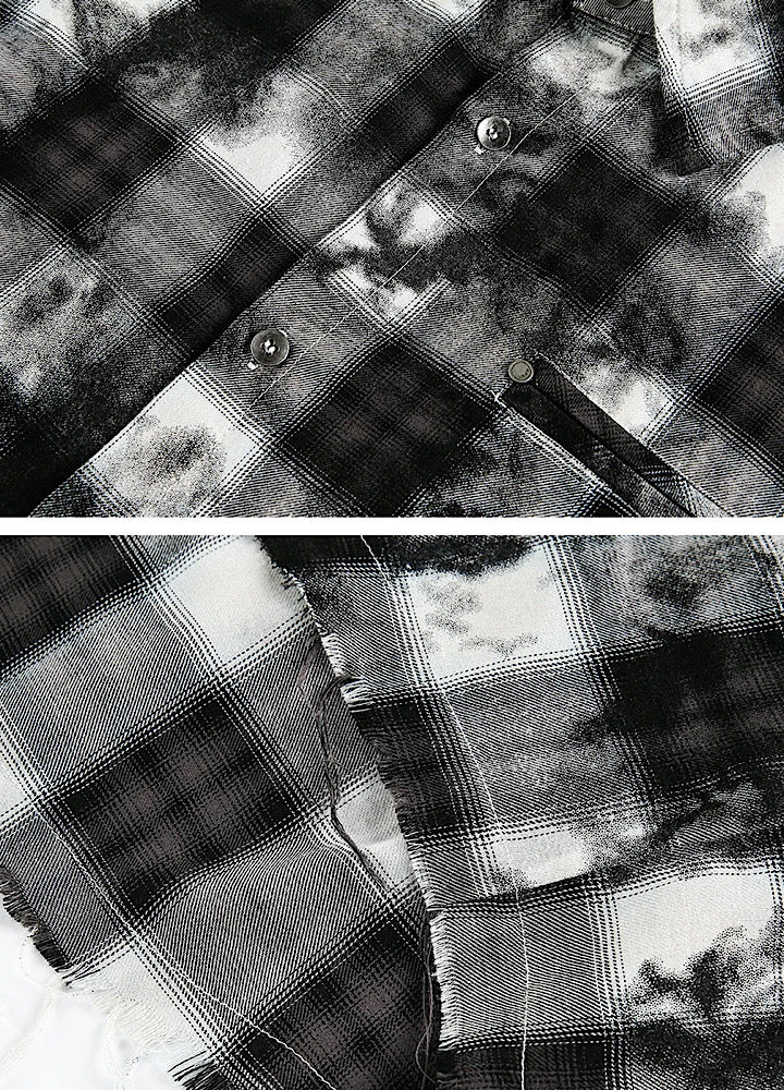 【OV】Monotone style check pattern distressed long sleeve shirt  OV0001