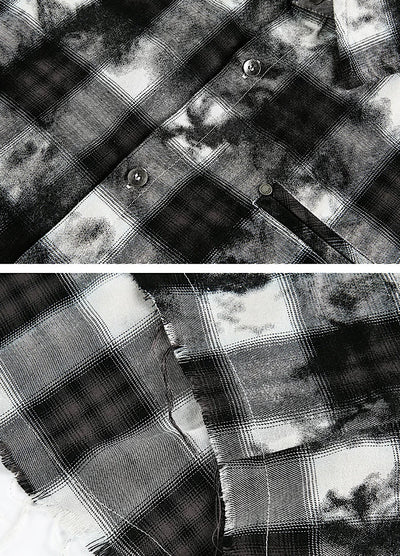 【OV】Monotone style check pattern distressed long sleeve shirt  OV0001