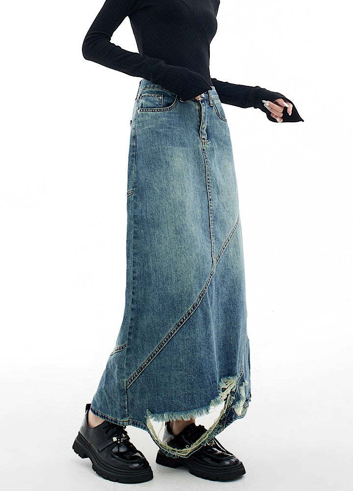 【EDX】Slit high distressed straight silhouette denim skirt  EX0019