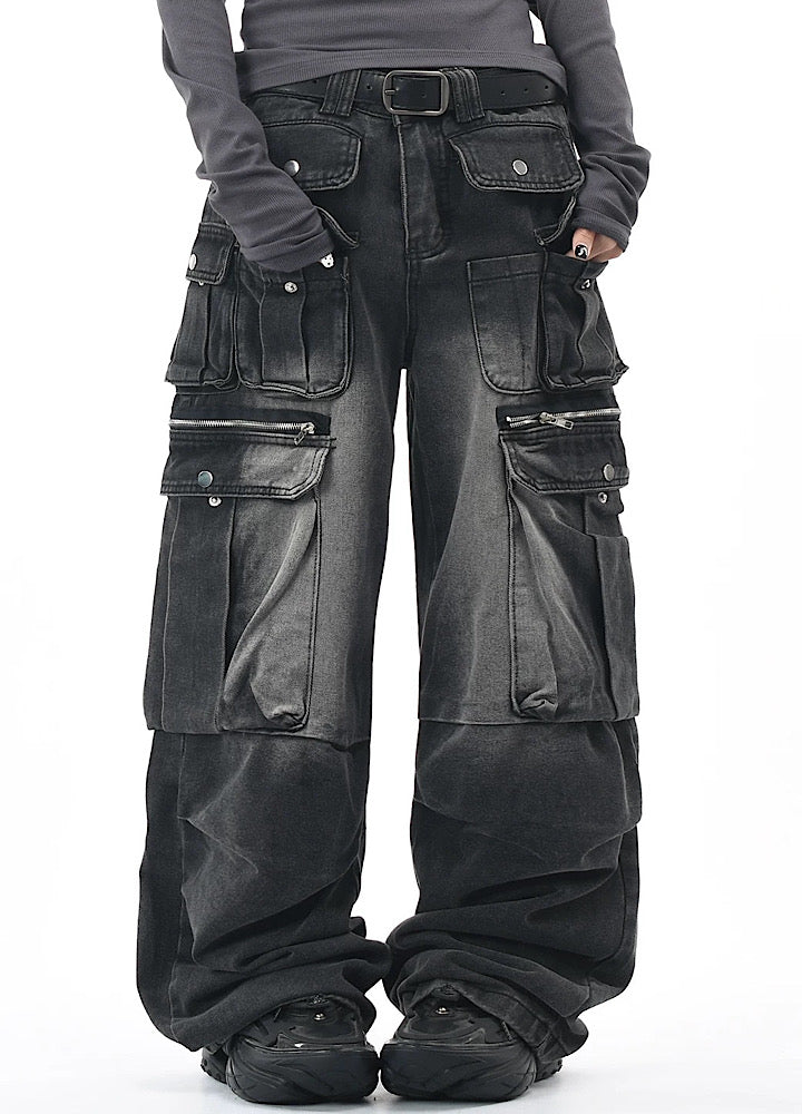 【OV】Multi-pocket silhouette washed denim cargo pants  OV0002
