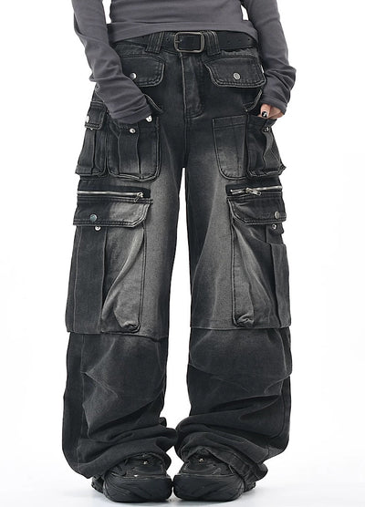 【OV】Multi-pocket silhouette washed denim cargo pants  OV0002