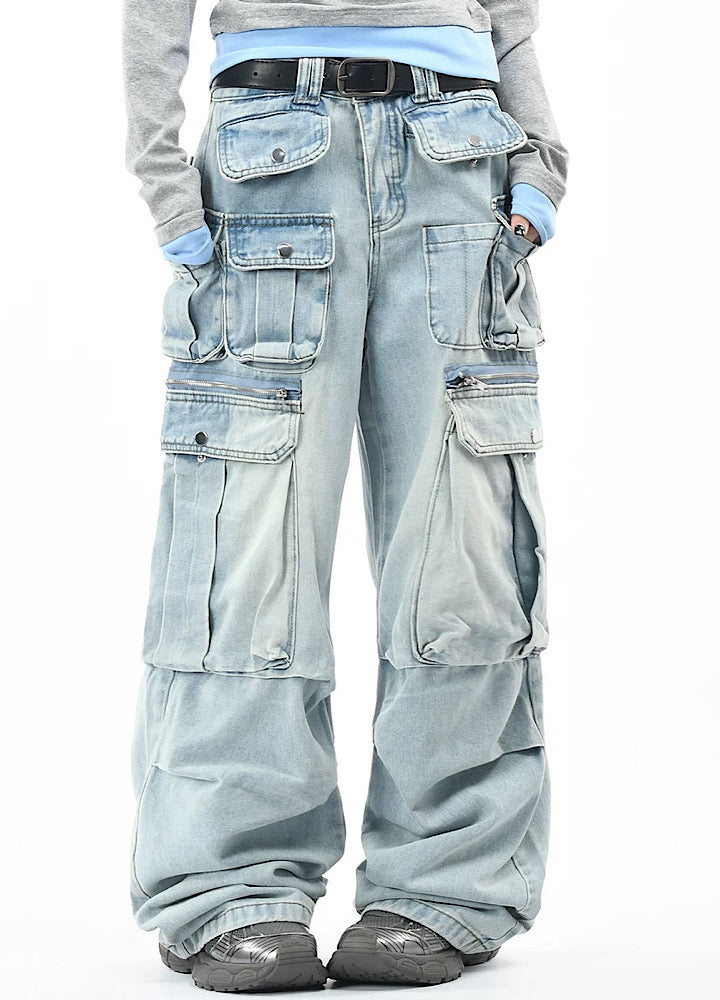 【OV】Multi-pocket silhouette washed denim cargo pants  OV0002
