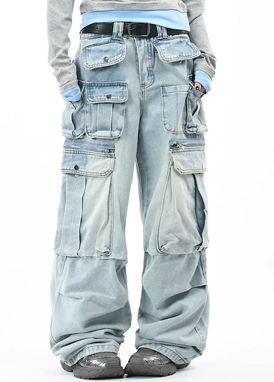 【OV】Multi-pocket silhouette washed denim cargo pants  OV0002