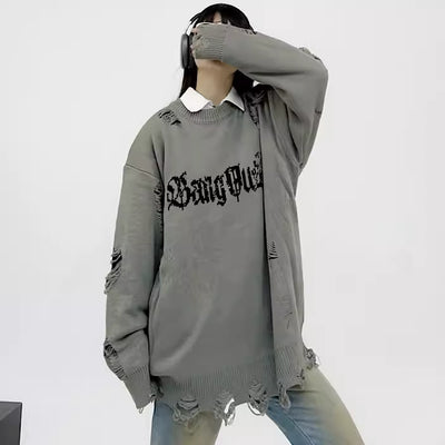 Full over damaged subculture design loose knit sweater  HL2996