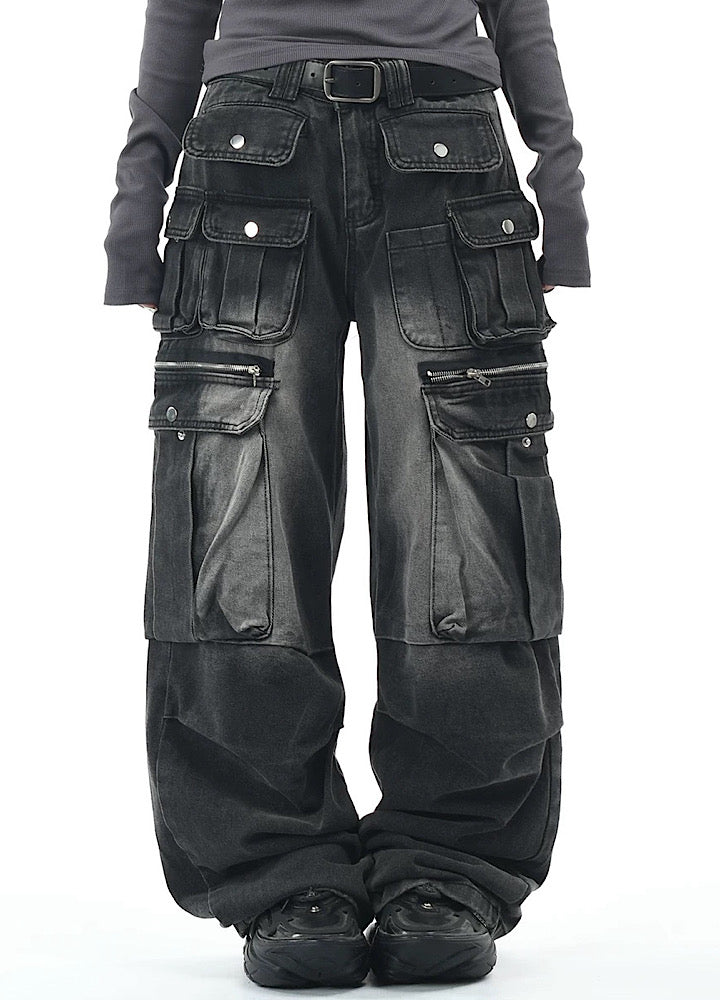 【OV】Multi-pocket silhouette washed denim cargo pants  OV0002