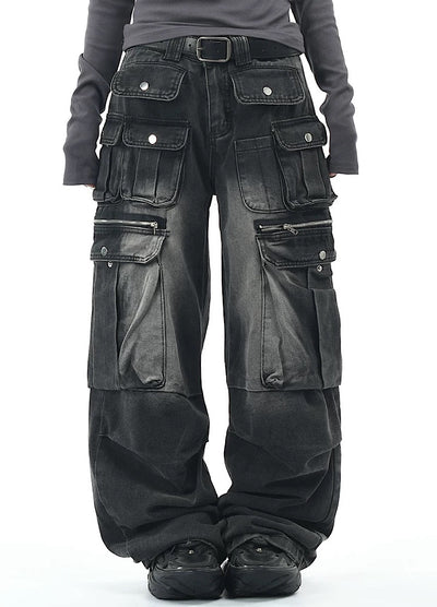 【OV】Multi-pocket silhouette washed denim cargo pants  OV0002