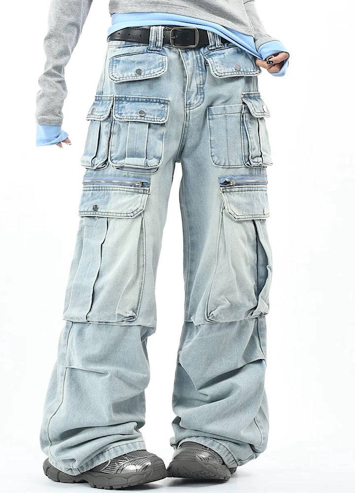 【OV】Multi-pocket silhouette washed denim cargo pants  OV0002