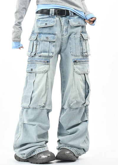 【OV】Multi-pocket silhouette washed denim cargo pants  OV0002