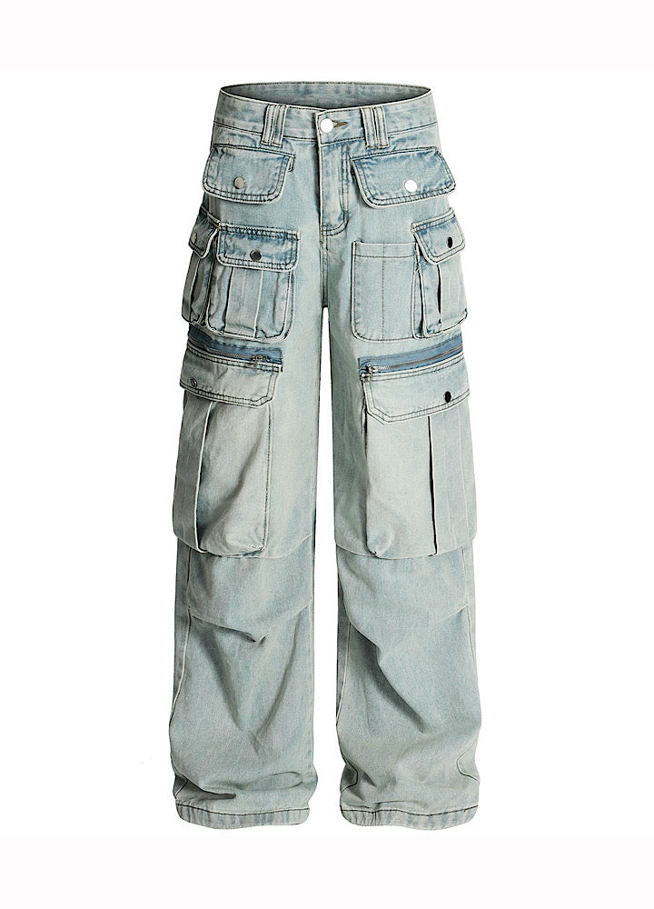【OV】Multi-pocket silhouette washed denim cargo pants  OV0002