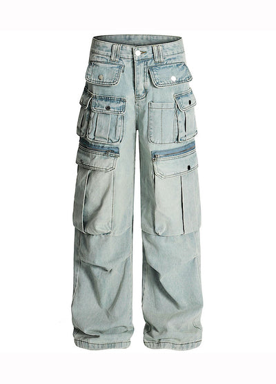 【OV】Multi-pocket silhouette washed denim cargo pants  OV0002