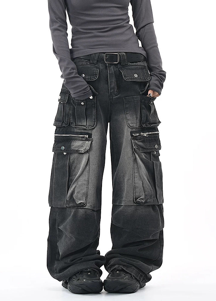 【OV】Multi-pocket silhouette washed denim cargo pants  OV0002