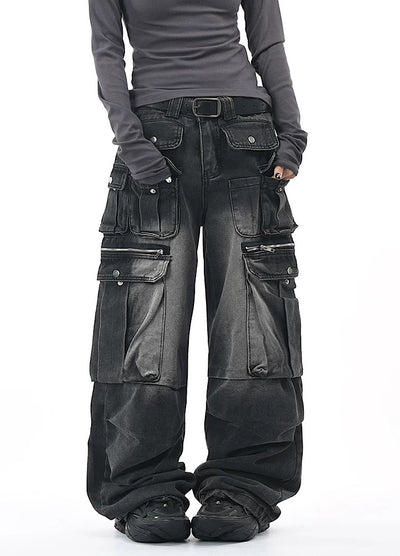 【OV】Multi-pocket silhouette washed denim cargo pants  OV0002