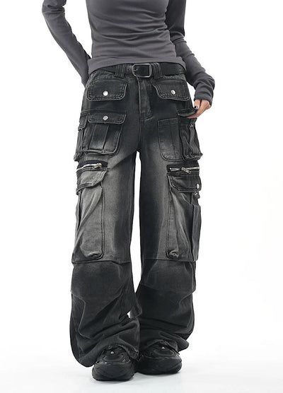 【OV】Multi-pocket silhouette washed denim cargo pants  OV0002